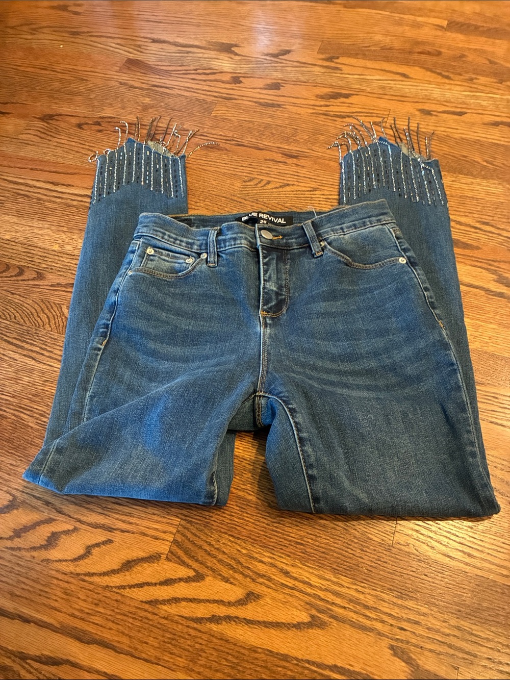 Blue Revival Women's Blue Cropped Jeans with Beaded Fringe Hem